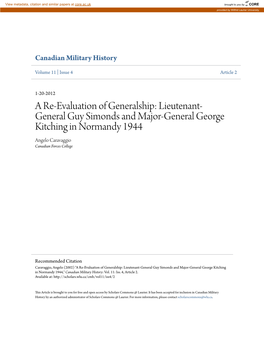 A Re-Evaluation of Generalship: Lieutenant-General Guy Simonds and Major-General George Kitching in Normandy 1944," Canadian Military History: Vol