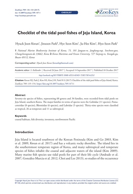 ﻿﻿﻿﻿﻿Checklist of the Tidal Pool Fishes of Jeju Island, Korea