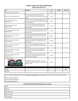 Eastern League of Professional Baseball Merchandise Order Form