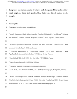 Congruent Population Genetic Structures and Divergence Histories in Anther- 2 Smut Fungi and Their Host Plants Silene Italica and the S