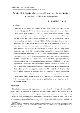 Political Mobilization of Grassroots Women and Its Implications: a Case Study of PROSHIKA in Bangladesh