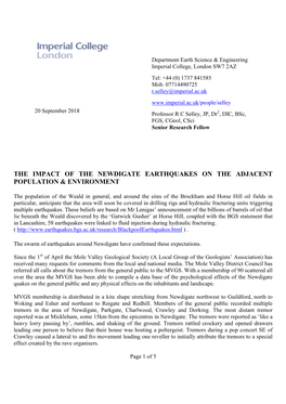 The Impact of the Newdigate Earthquakes on the Adjacent Population & Environment