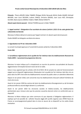 PV Conseil Municipal ESQUERCHIN Du 14.12.2020 Procès Verbal