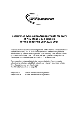 Admission Arrangements 2020-21 for Secondary Schools