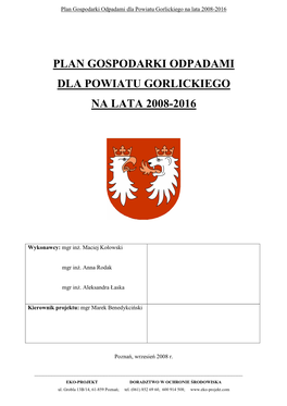 Plan Gospodarki Odpadami Dla Powiatu Gorlickiego Na Lata 2008-2016