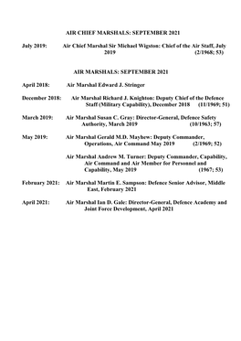 AIR CHIEF MARSHALS: AUGUST 2021 July 2019: Air Chief Marshal