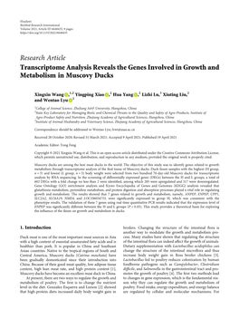 Research Article Transcriptome Analysis Reveals the Genes Involved in Growth and Metabolism in Muscovy Ducks