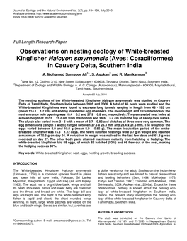 Observations on Nesting Ecology of White-Breasted Kingfisher Halcyon Smyrnensis (Aves: Coraciiformes) in Cauvery Delta, Southern India