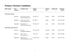 Primary Election Candidates ______Office Sought Party Candidate Name Mailing Mailing Mailing Zip Telephone Affiliation Address City Number ______