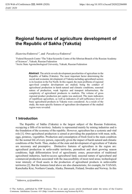 Regional Features of Agriculture Development of the Republic of Sakha (Yakutia)