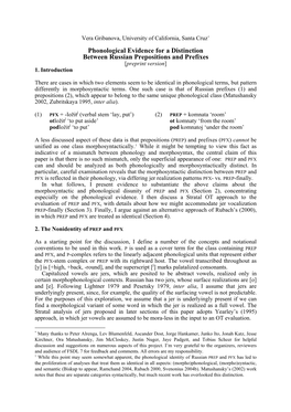 Phonological Evidence for a Distinction Between Russian Prepositions and Prefixes [Preprint Version] 1