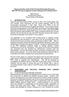 A Re-Examination of the Public-Private-Partnership Discourse: Was PPP the Way to Upgrade London Underground’S Infrastructure?