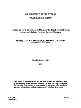 Mineral Resource Assessment of the Absaroka-Beartooth Study Area, Custer and Gallatin National Forests, Montana