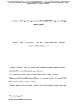 An Optimized Electroporation Approach for Efficient CRISPR/Cas9 Genome Editing in Murine Zygotes