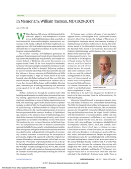 In Memoriam: William Tasman, MD (1929-2017)