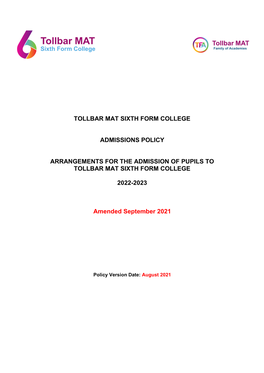 Tollbar Mat Sixth Form College Admissions Policy Arrangements For