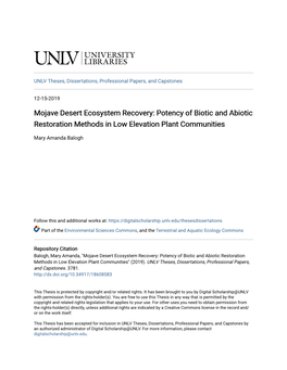 Mojave Desert Ecosystem Recovery: Potency of Biotic and Abiotic Restoration Methods in Low Elevation Plant Communities