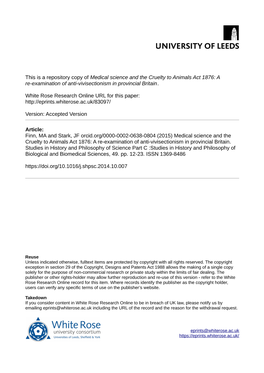 Medical Science and the Cruelty to Animals Act 1876: a Re-Examination of Anti-Vivisectionism in Provincial Britain