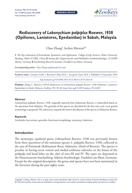 Rediscovery of Lobonychium Palpiplus Roewer, 1938 (Opiliones, Laniatores, Epedanidae) in Sabah, Malaysia