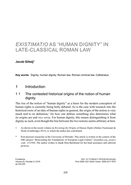 1Existimatio As “Human Dignity” in Late-Classical Roman Law