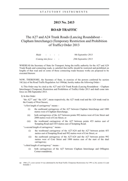 2013 No. 2413 ROAD TRAFFIC the A27 and A24 Trunk Roads (Lancing