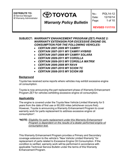 Warranty Policy Bulletin