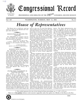 Congressional Record United States Th of America PROCEEDINGS and DEBATES of the 107 CONGRESS, SECOND SESSION