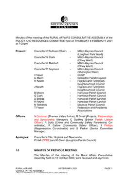 Minutes of the Meeting of the RURAL AFFAIRS CONSULTATIVE ASSEMBLY of the POLICY and RESOURCES COMMITTEE Held on THURSDAY 8 FEBRUARY 2001 at 7.00 Pm