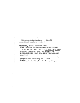 Life History Studies on Four Digenetic Trematodes That Utilize Lymnaea (Stag- Nicola) Reflexa (Say) As Their First Intermediate Host in a Temporary Pond Habitat