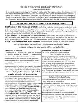 Pre-Tree Trimming Bird Nest Search Information Pasadena Audubon Society Nesting Birds Are an Important Part of Pasadena’S Biodiversity