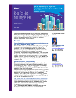 The Latest Issue of KPMG in Qatar's Real Estate Monthly Pulse, Which Brings You the News Highlights from the Real E
