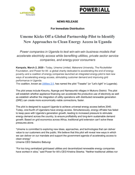 Umeme Kicks Off a Global Partnership Pilot to Identify New Approaches to Clean Energy Access in Uganda