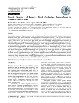 Genetic Structure of Invasive Weed Parthenium Hysterophorus in Australia and Pakistan