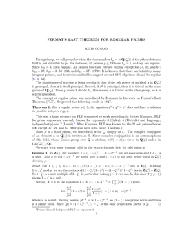 Fermat's Last Theorem for Regular Primes