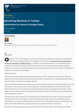 Upcoming Elections in Turkey: Implications for Ankara's Foreign Policy by Soner Cagaptay