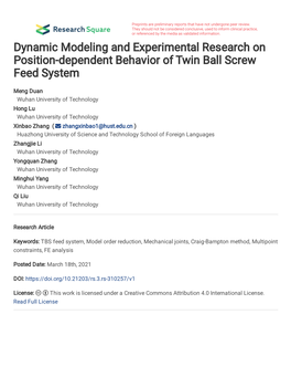 Dynamic Modeling and Experimental Research on Position- Dependent Behavior of Twin Ball Screw Feed System