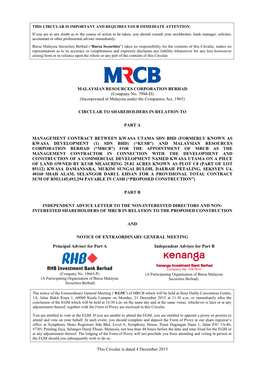 MALAYSIAN RESOURCES CORPORATION BERHAD (Company No. 7994-D) (Incorporated in Malaysia Under the Companies Act, 1965) This Circul