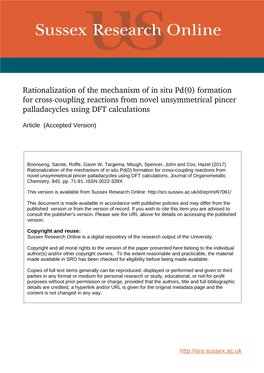 Formation for Cross-Coupling Reactions from Novel Unsymmetrical Pincer Palladacycles Using DFT Calculations