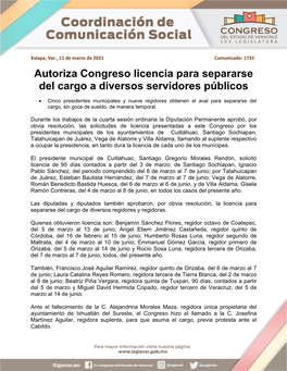 Autoriza Congreso Licencia Para Separarse Del Cargo a Diversos Servidores Públicos