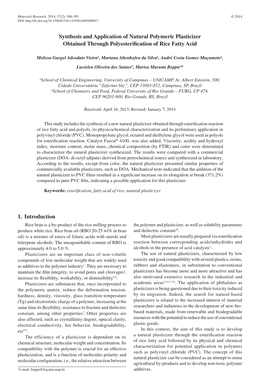 Synthesis and Application of Natural Polymeric Plasticizer Obtained Through Polyesterification of Rice Fatty Acid 1. Introductio