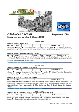 CLERES CYCLO LOISIR Programme 2020 Rendez-Vous Sous Les Halles De Clères À 13H30