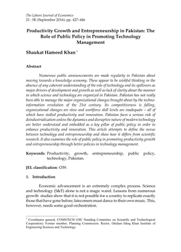 Productivity Growth and Entrepreneurship in Pakistan: the Role of Public Policy in Promoting Technology Management