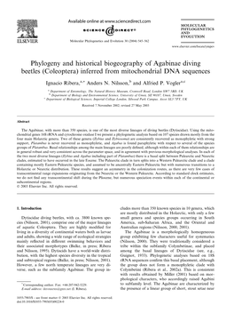 Phylogeny and Historical Biogeography of Agabinae Diving Beetles (Coleoptera) Inferred from Mitochondrial DNA Sequences