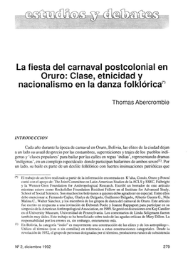 La Fiesta Del Carnaval Postcolonial En Oruro: Clase, Etnicidad Y