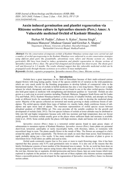 Auxin Induced Germination and Plantlet Regeneration Via Rhizome Section Culture in Spiranthes Sinensis (Pers.) Ames: a Vulnerabl