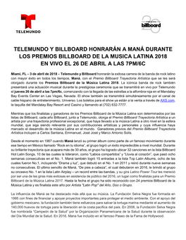 Telemundo Y Billboard Honrarán a Maná Durante Los Premios Billboard De La Musica Latina 2018 En Vivo El 26 De Abril a Las 7Pm/6C