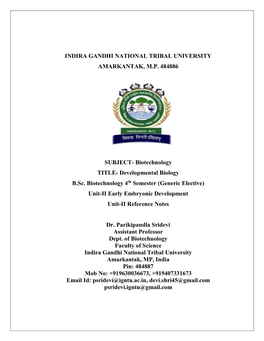 Developmental Biology B.Sc. Biotechnology 4Th Semester (Generic Elective) Unit-II Early Embryonic Development Unit-II Reference Notes