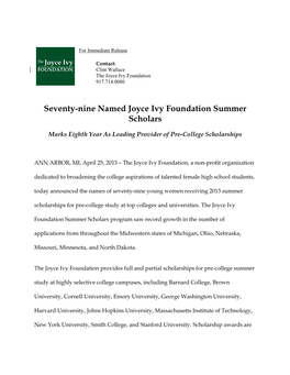 Seventy-Nine Named Joyce Ivy Foundation Summer Scholars