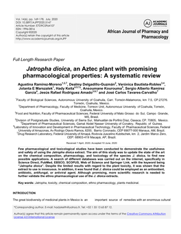 Jatropha Dioica, an Aztec Plant with Promising Pharmacological Properties: a Systematic Review