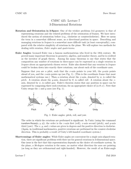 CMSC 425: Lecture 7 3-Dimensional Rotations